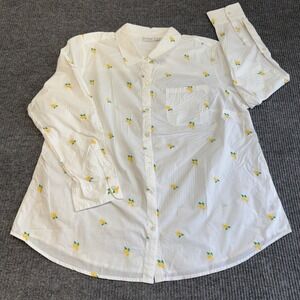 Kim Rogers Curvy 1X Lemon Embroidered Button Down Shirt White Cotton Women's